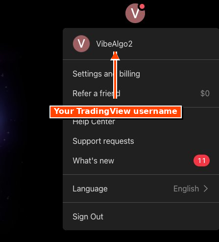 TradingView profile dropdown showing where your username appears