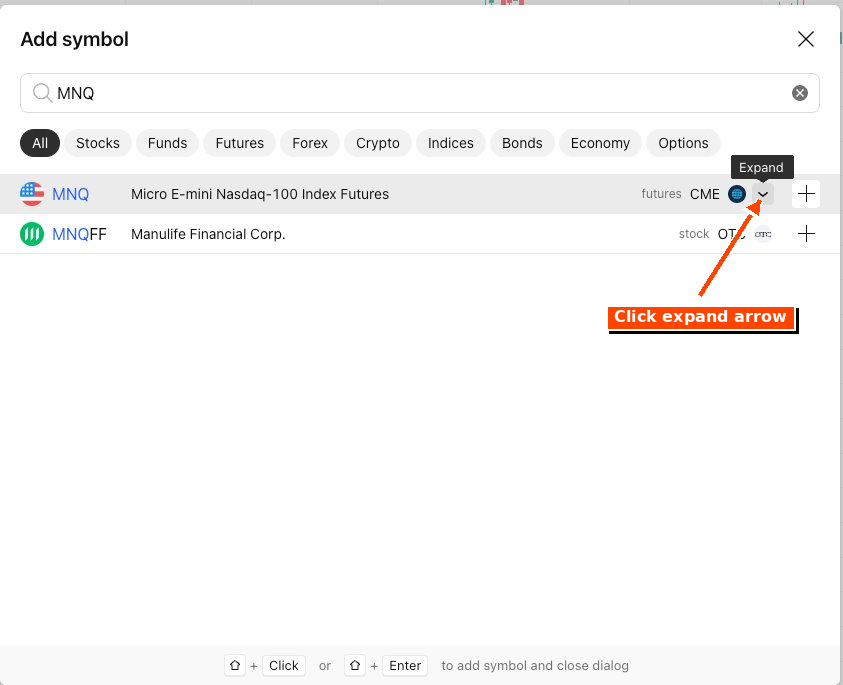TradingView Add Symbol dialog with MNQ search and expand arrow highlighted