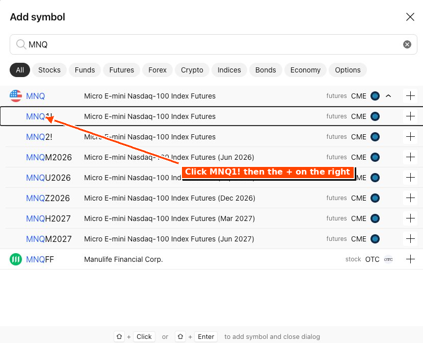 TradingView Add Symbol dialog showing the expanded MNQ contract list with MNQ1! highlighted