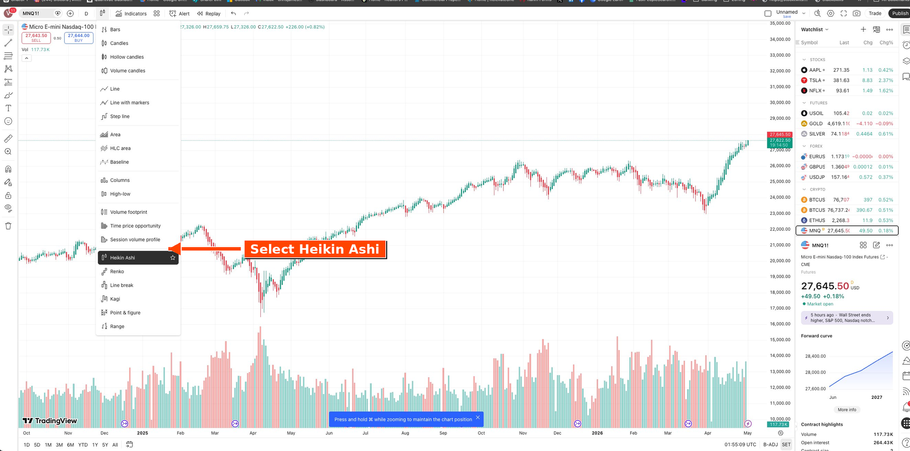 TradingView chart type dropdown with Heikin Ashi highlighted