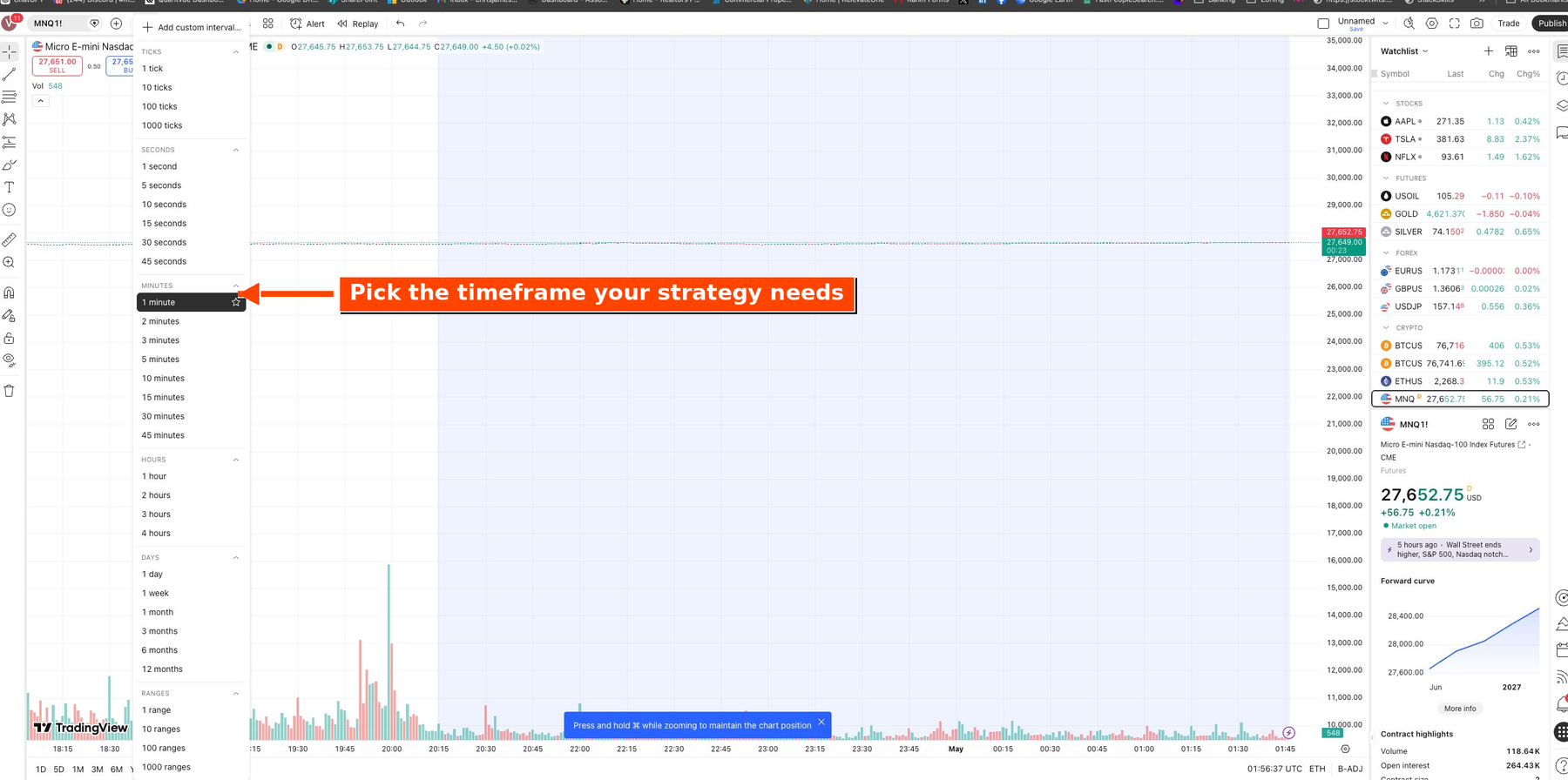 TradingView timeframe selector dropdown