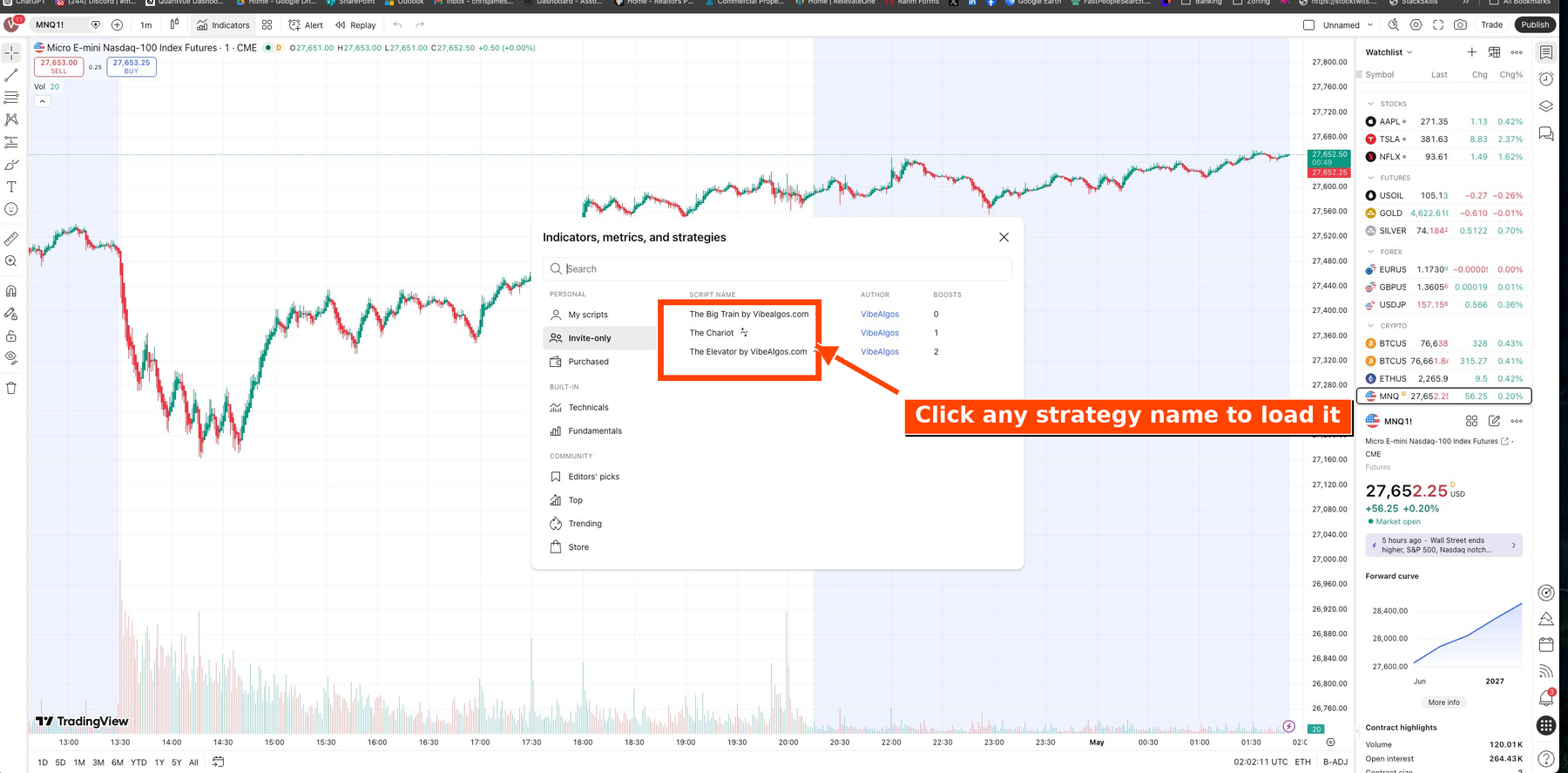 TradingView Indicators dialog showing the list of available Vibe Algos strategies