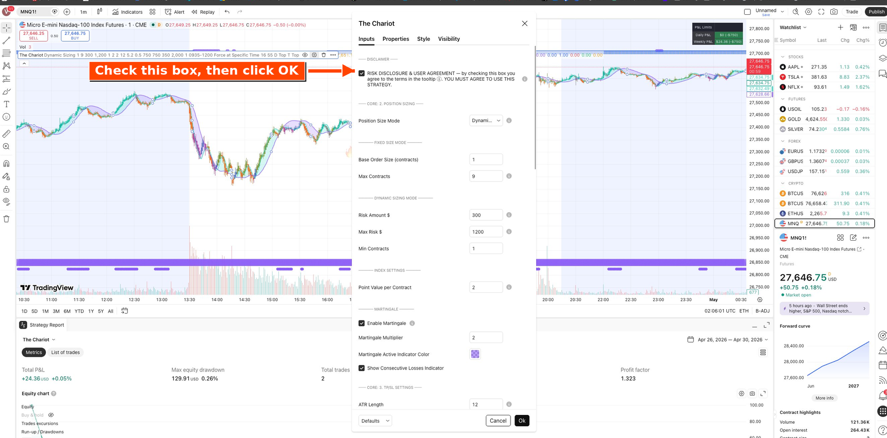 TradingView strategy settings dialog with the Risk Disclosure checkbox highlighted