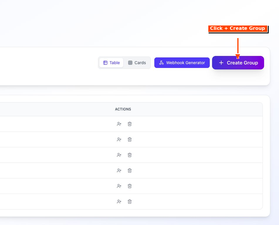 Trading Groups page with the + Create Group button highlighted
