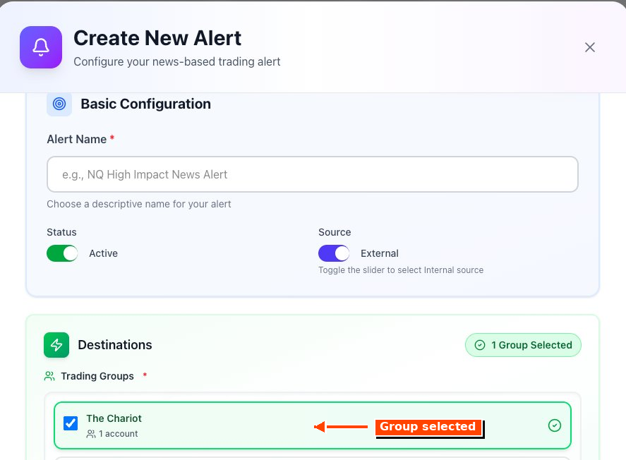 Create New Alert dialog showing the Trading Group selected with confirmation badge