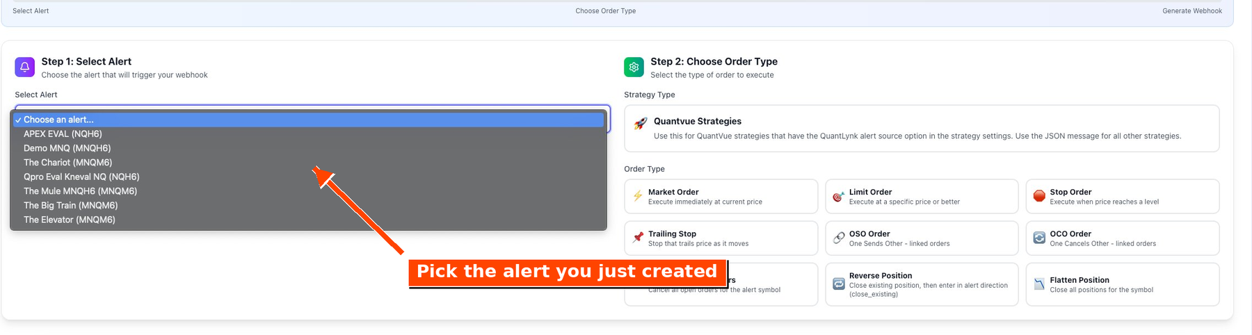 Webhook Generator with the Select Alert dropdown open showing the list of alerts
