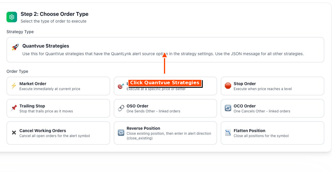 Step 2 Choose Order Type with Quantvue Strategies highlighted