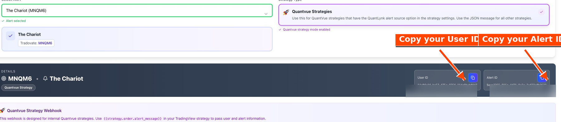 QuantLynk Details panel showing User ID and Alert ID with their copy buttons highlighted; the actual IDs are blurred for privacy