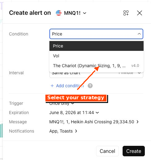 Create Alert dialog with the Condition dropdown open showing the strategy in the list