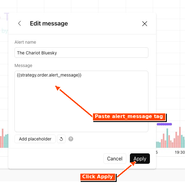 Edit Message dialog with the alert_message tag in the Message field and Apply button highlighted